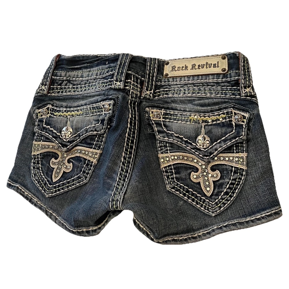 Y2K Rock Revival Micro Mini Denim Shorts Sz 24 Scarlett Embellished Thick Stitch - Picture 9 of 13